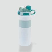 White stainless steel water bottle with teal silicone grip and flip cap lid